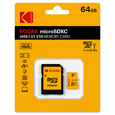Kodak 64GB Micro SD UHS-I C10 U1 V10 Kart + Adaptör (Sarı)