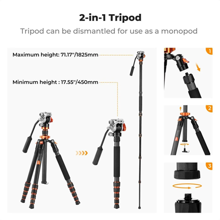 K&F Concept O255C4+FH-03 Carbon Fiber Video Tripod