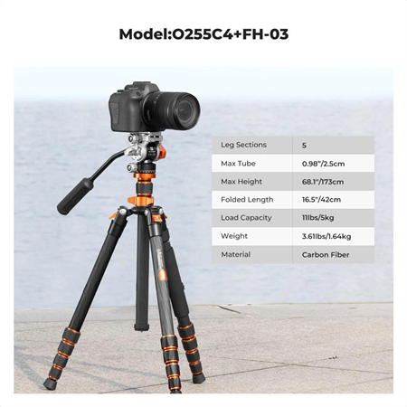 K&F Concept O255C4+FH-03 Carbon Fiber Video Tripod