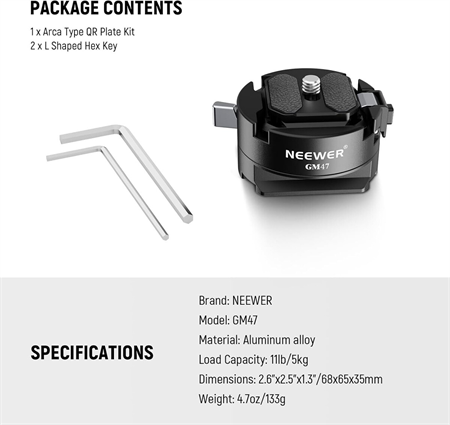 NEEWER GM47 Kamera Quick Release Plate Kiti (Ronin RS & PD Capture Uyumlu, Otomatik Kilit)