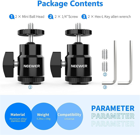 NEEWER ST17 1/4 Kamera Hot Shoe Adaptörü (Mini Bilyeli Başlık) - 2li Paket