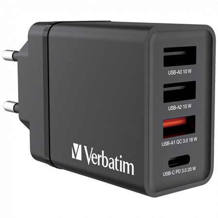 Verbatim 30W 4 Bağlantılı Usb Şarj Cihazı Siyah 1x Usb-C® PD 20W / 1 x Usb-A QC 3.0 / 2 x Usb-A 10W (AB)-(49700)