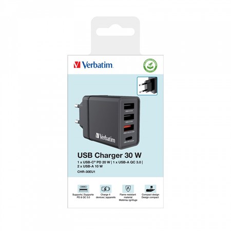 Verbatim 30W 4 Bağlantılı Usb Şarj Cihazı Siyah 1x Usb-C® PD 20W / 1 x Usb-A QC 3.0 / 2 x Usb-A 10W (AB)-(49700)