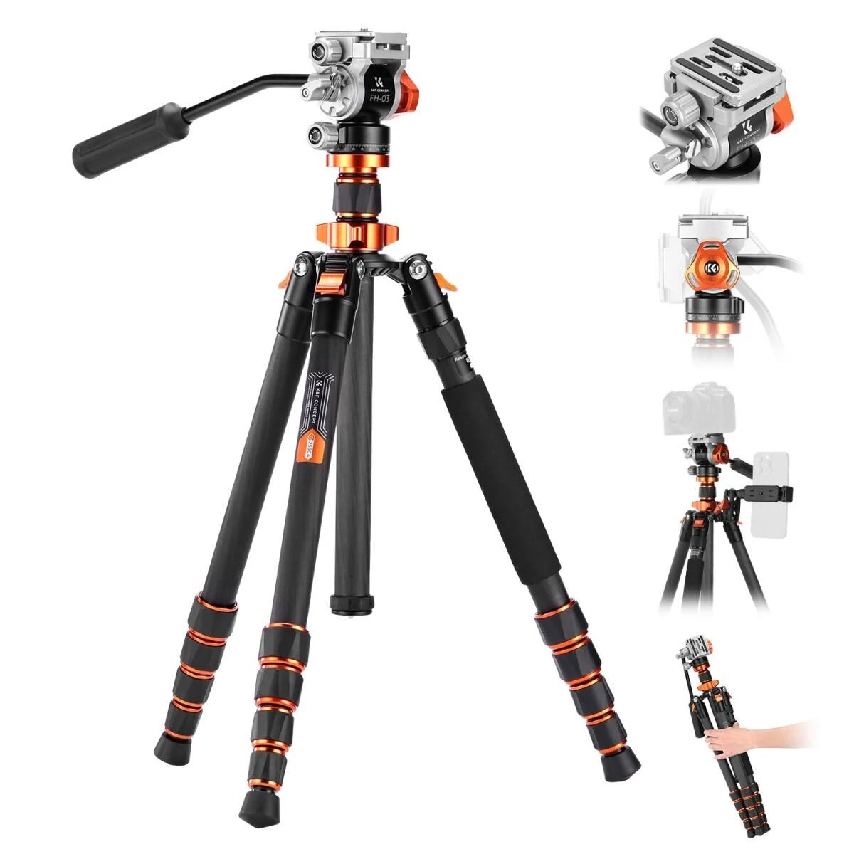 K&F Concept O255C4+FH-03 Carbon Fiber Video Tripod