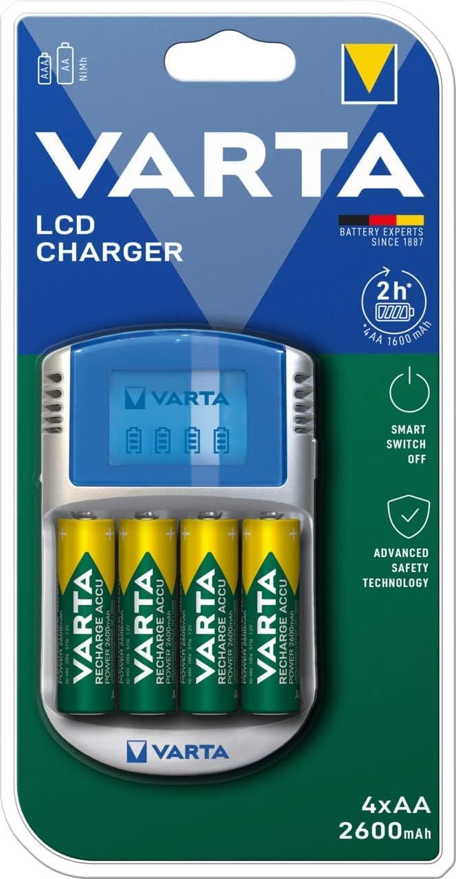 VARTA Battery Charger with 4 x AA 2600 mAh, Battery Charger for Rechargeable AA/AAA, LCD Charger, with USB Cable and 12 V Adapter