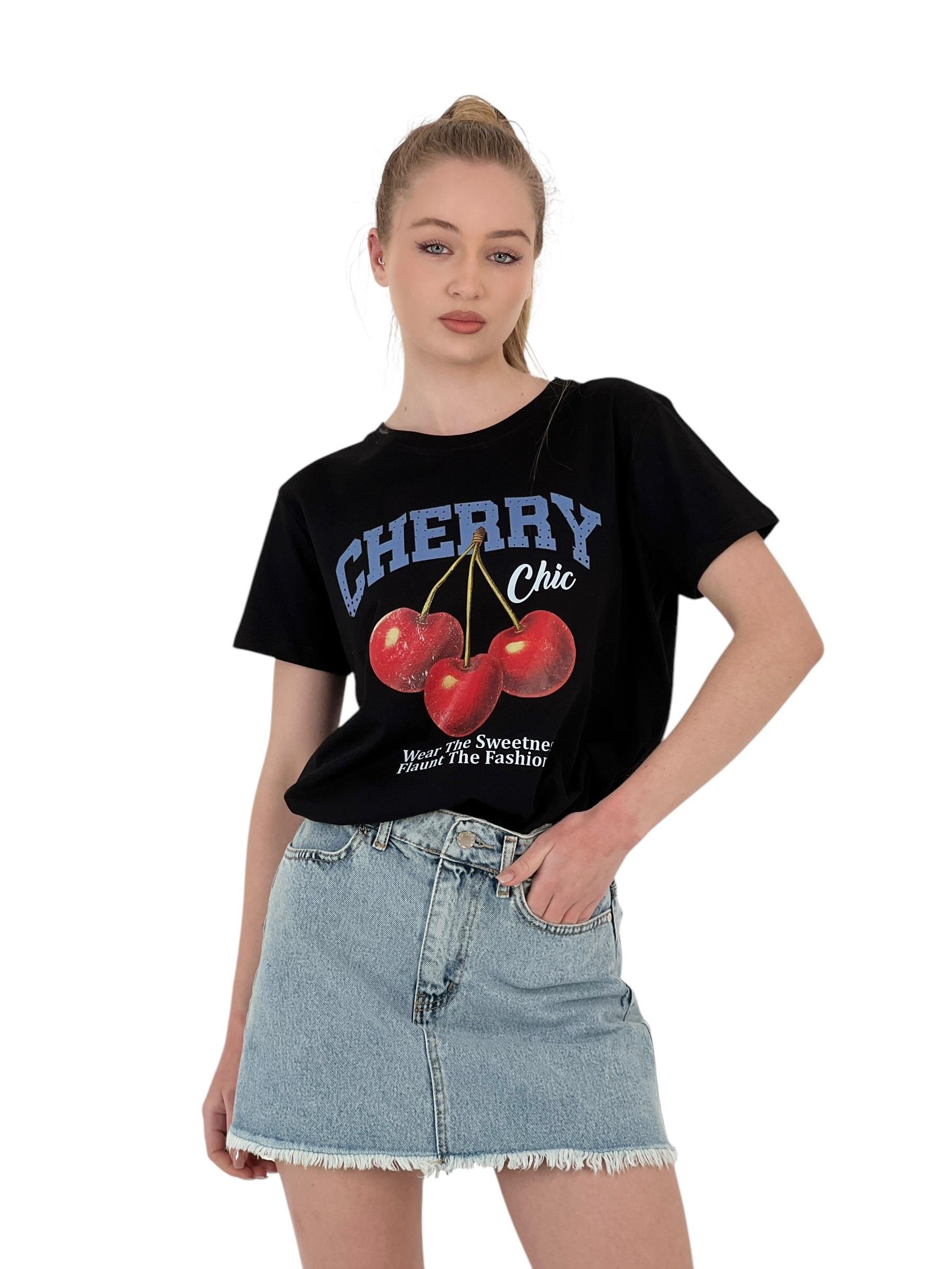 Cherry Chic Printed Black T-Shirt