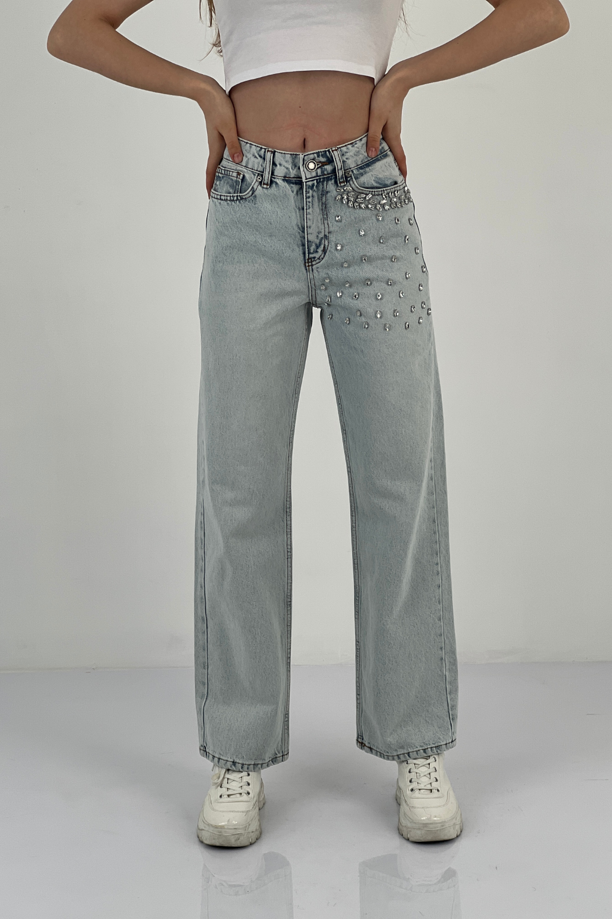 75451-6 WIDE LEG DENİM BUZ MAVİSİ/ICE BLUE YAPRAK TAŞ