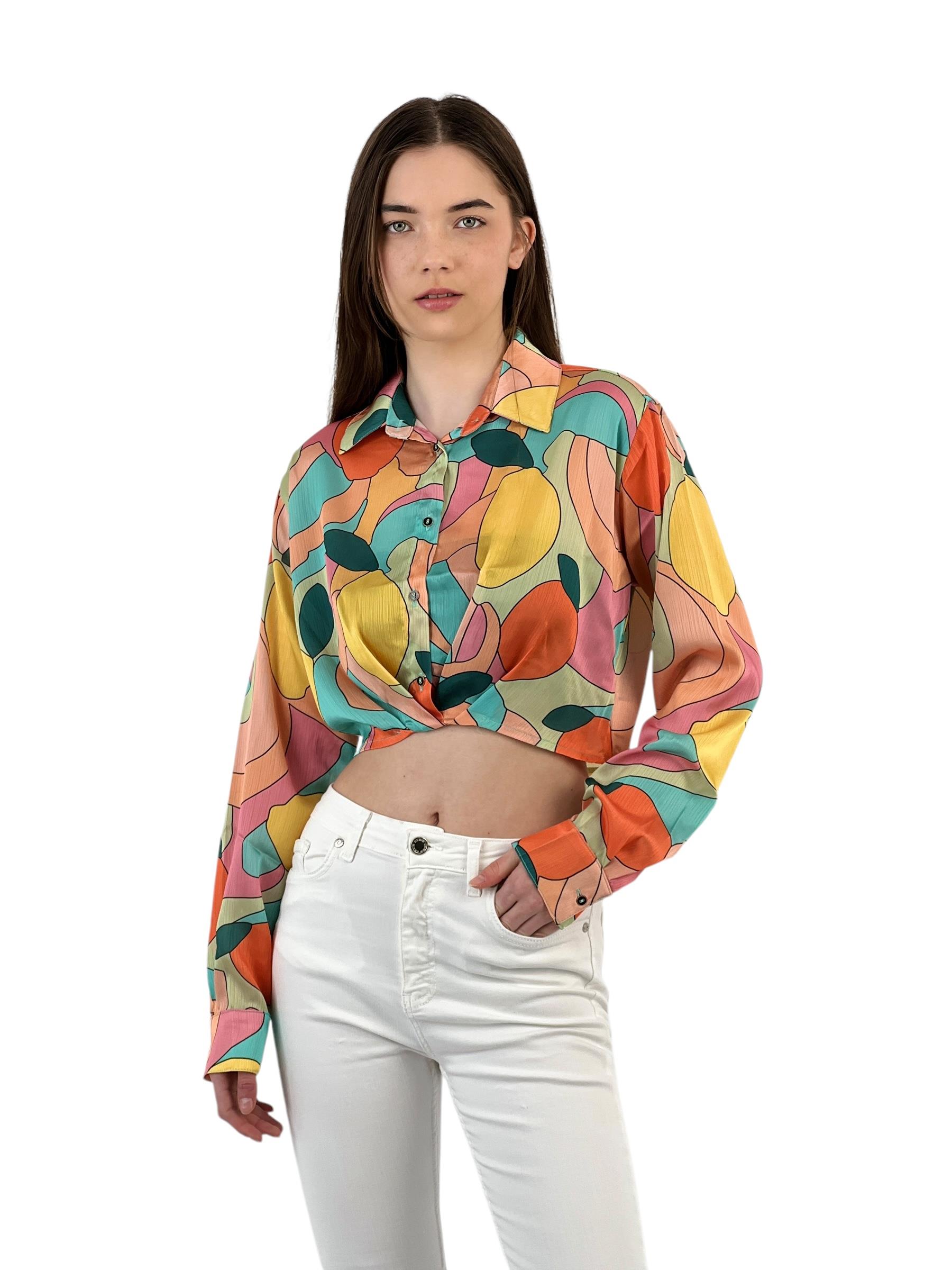 Kadın Yazlık Desenli Kısa Crop Dar Turuncu Gömlek Kadın Yazlık Desenli Kısa Crop Dar Turuncu Gömlek