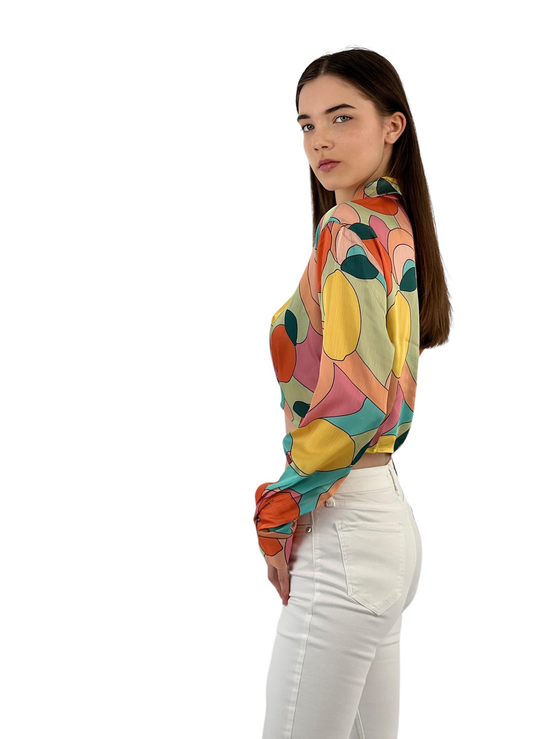 Kadın Yazlık Desenli Kısa Crop Dar Turuncu Gömlek Kadın Yazlık Desenli Kısa Crop Dar Turuncu Gömlek