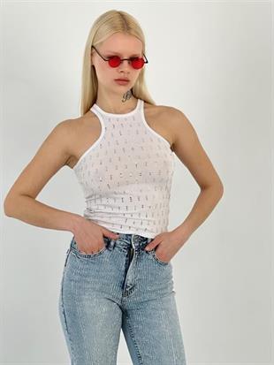 Kadın Askılı Taş Detaylı Beyaz Tişört