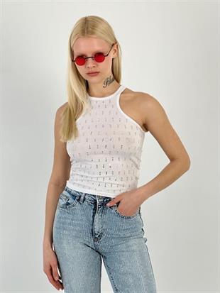 Kadın Askılı Taş Detaylı Beyaz Tişört