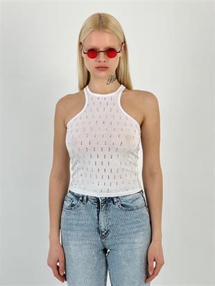 Kadın Askılı Taş Detaylı Beyaz Tişört