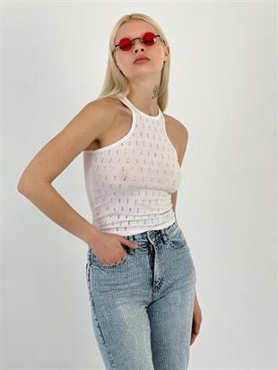 Kadın Askılı Taş Detaylı Beyaz Tişört