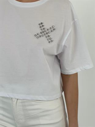 Kadın Göğsü Taşlı Beyaz Tişört