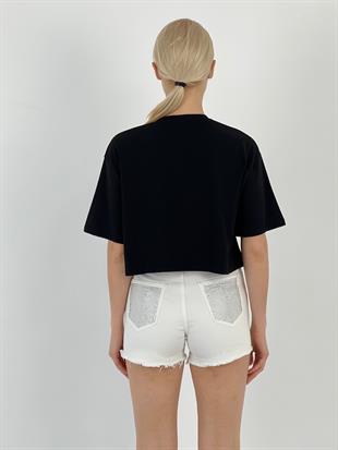 Kadın Göğsü Taşlı Siyah Tişört