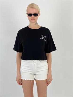 Kadın Göğsü Taşlı Siyah Tişört