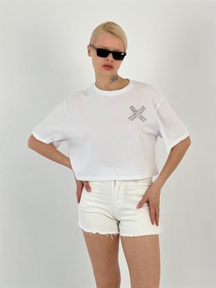 Kadın Göğsü Taşlı Beyaz Tişört