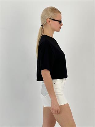 Kadın Göğsü Taşlı Siyah Tişört