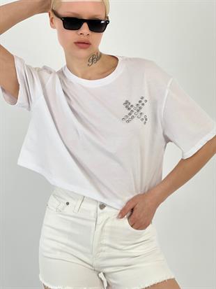 Kadın Göğsü Taşlı Beyaz Tişört