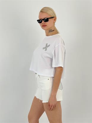 Kadın Göğsü Taşlı Beyaz Tişört