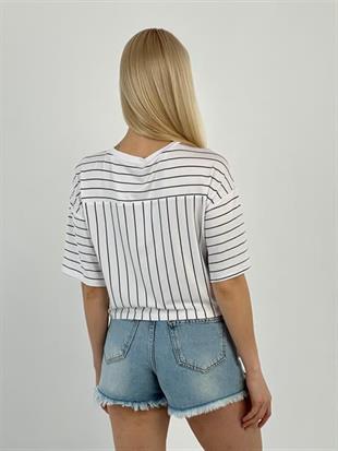 15743-5 BÜYÜK KURDELE BASKI ÇİZGİLİ T-SHIRT