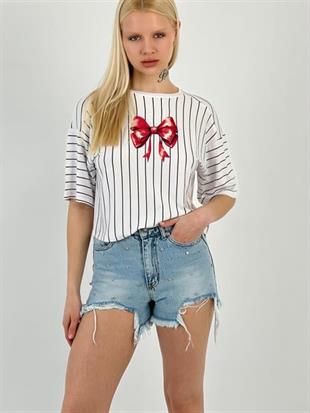 15743-5 BÜYÜK KURDELE BASKI ÇİZGİLİ T-SHIRT