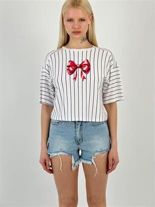 15743-5 BÜYÜK KURDELE BASKI ÇİZGİLİ T-SHIRT