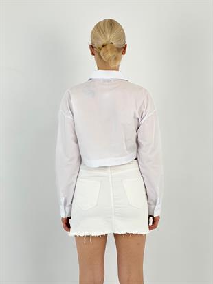Kadın Cep Taş Detaylı Beyaz Crop Gömlek