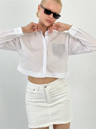 Kadın Cep Taş Detaylı Beyaz Crop Gömlek