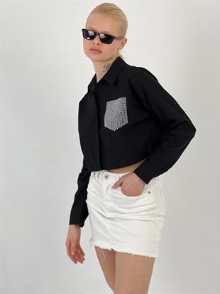 Kadın Cep Taş Detaylı Siyah Crop Gömlek