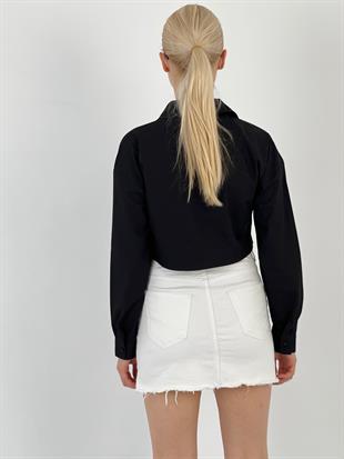Kadın Cep Taş Detaylı Siyah Crop Gömlek