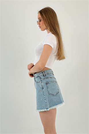 72764EE A. MAVİ KUŞ GÖZÜ YAPIŞTIRMA DENİM ETEK