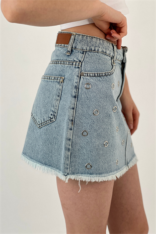 72764EE A. MAVİ KUŞ GÖZÜ YAPIŞTIRMA DENİM ETEK