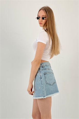 72764EE A. MAVİ KUŞ GÖZÜ YAPIŞTIRMA DENİM ETEK