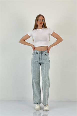 75451-10 WIDE LEG DENİM BUZ MAVİSİ/ICE BLUE ÇİFT BACAK TAŞ
