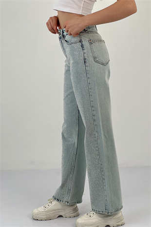 75451-10 WIDE LEG DENİM BUZ MAVİSİ/ICE BLUE ÇİFT BACAK TAŞ