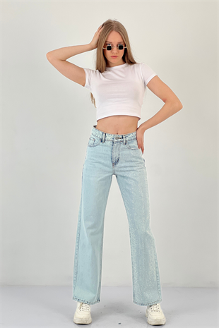 75452-1 WIDE LEG DENİM BUZ MAVİSİ/ICE BLUE TEK BACAK TAŞ YA