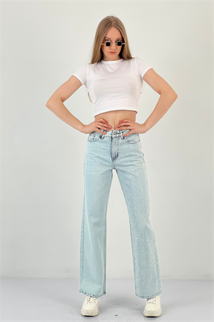 75452-1 WIDE LEG DENİM BUZ MAVİSİ/ICE BLUE TEK BACAK TAŞ YA