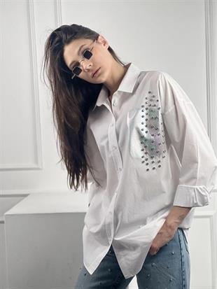 Beyaz Dökümlü Uzun Kollu Varak Baskı Ve Taş Çakım Detaylı Gömlek % 100 Cotton 27316-3