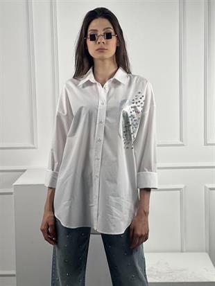 Beyaz Dökümlü Uzun Kollu Varak Baskı Ve Taş Çakım Detaylı Gömlek % 100 Cotton 27316-3