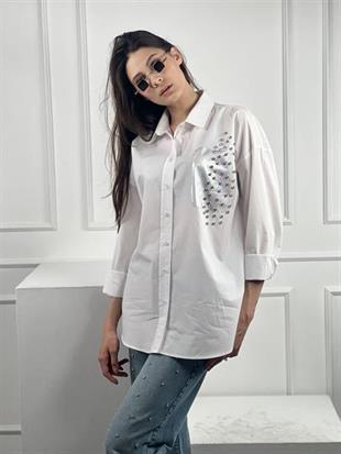 Beyaz Dökümlü Uzun Kollu Varak Baskı Ve Taş Çakım Detaylı Gömlek % 100 Cotton 27316-3