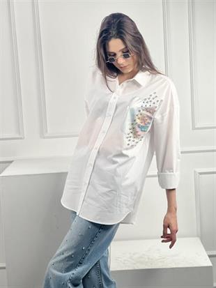 Beyaz Dökümlü Uzun Kollu Varak Baskı Ve Taş Çakım Detaylı Gömlek % 100 Cotton 27316-3