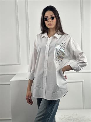 Beyaz Dökümlü Uzun Kollu Varak Baskı Ve Taş Çakım Detaylı Gömlek % 100 Cotton 27316-3