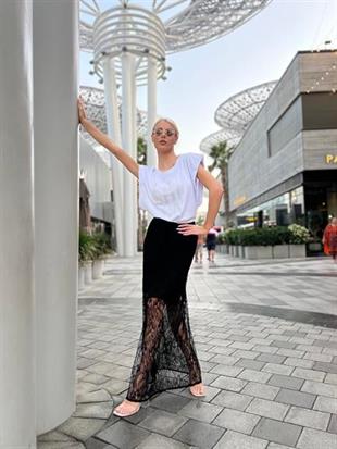 Dantel Detaylı Şeffaf Maxi Etek