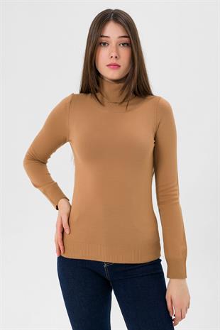 Balıkçı Yaka Basic Kadın Camel Triko Kazak