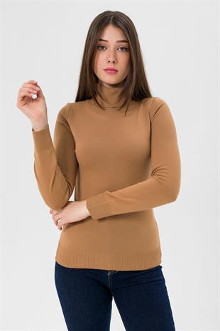 Balıkçı Yaka Basic Kadın Camel Triko Kazak