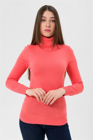 Balıkçı Yaka Basic Kadın Mercan Triko Kazak
