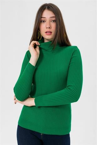 Balıkçı Yaka Fitilli Kadın K.Yeşil Triko Kazak