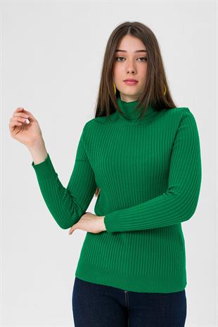 Balıkçı Yaka Fitilli Kadın K.Yeşil Triko Kazak