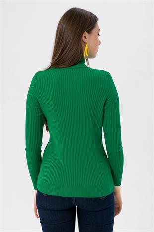 Balıkçı Yaka Fitilli Kadın K.Yeşil Triko Kazak